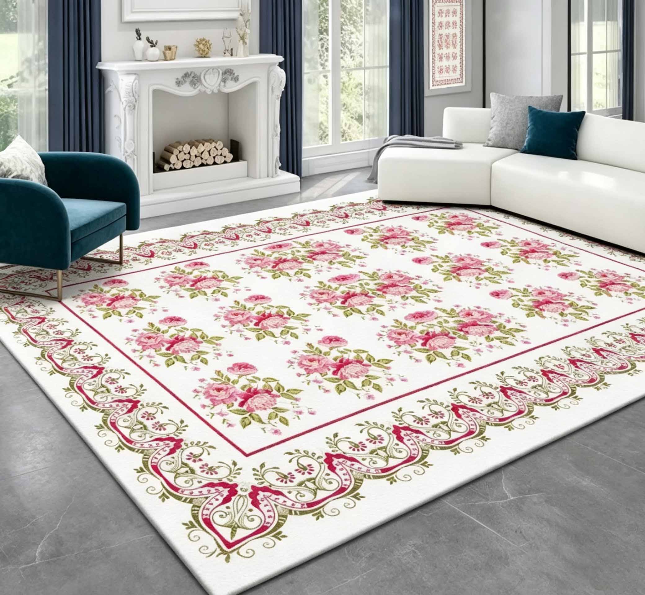 Floral Faux Cashmere Washable‑back Rug